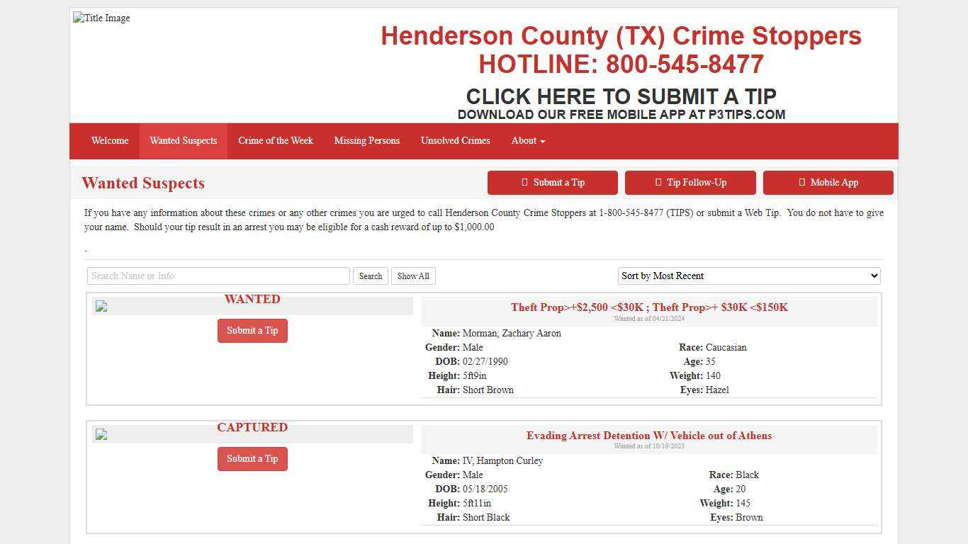 Wanted Suspects - Henderson County (TX) Crime Stoppers